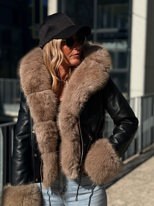 Veste similicuir Noir fourrure beige 202326