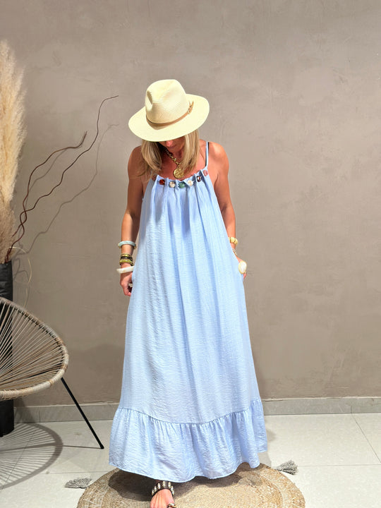 Robe longue col perles k6-08 Bleu