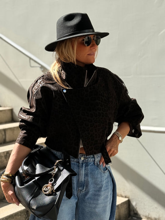 Veste similicuir léopard noir 8549