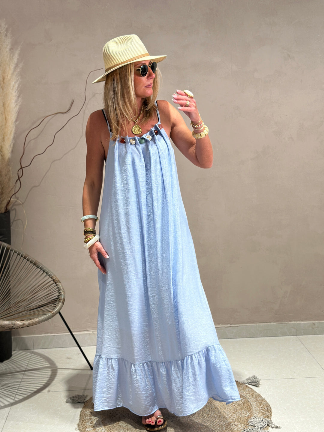 Robe longue col perles k6-08 Bleu