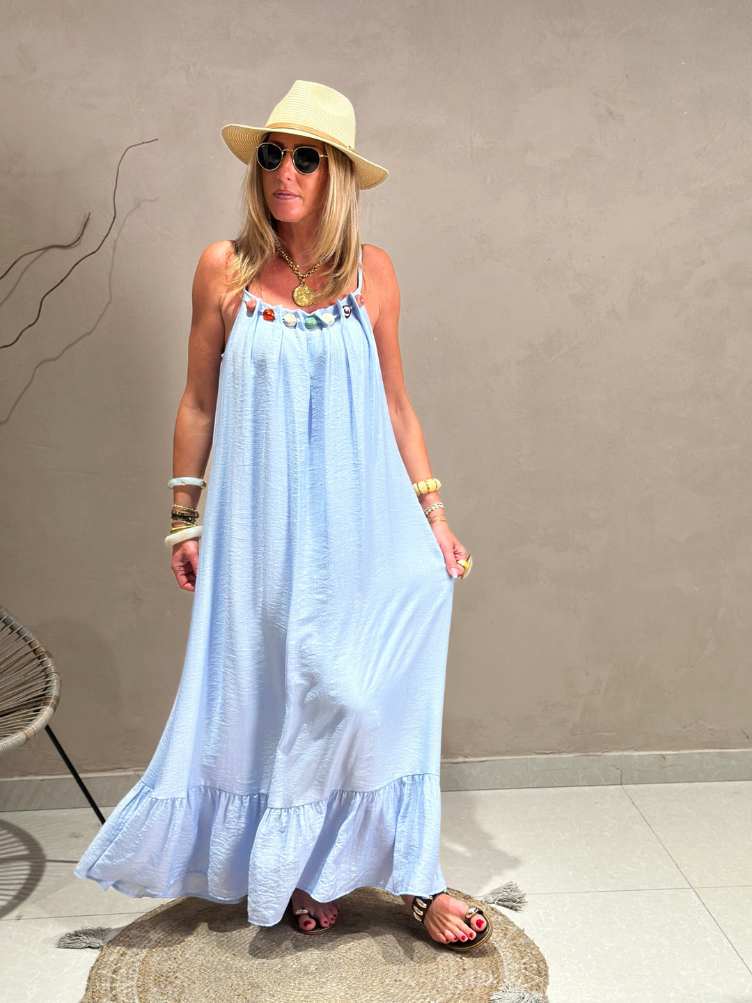 Robe longue col perles k6-08 Bleu