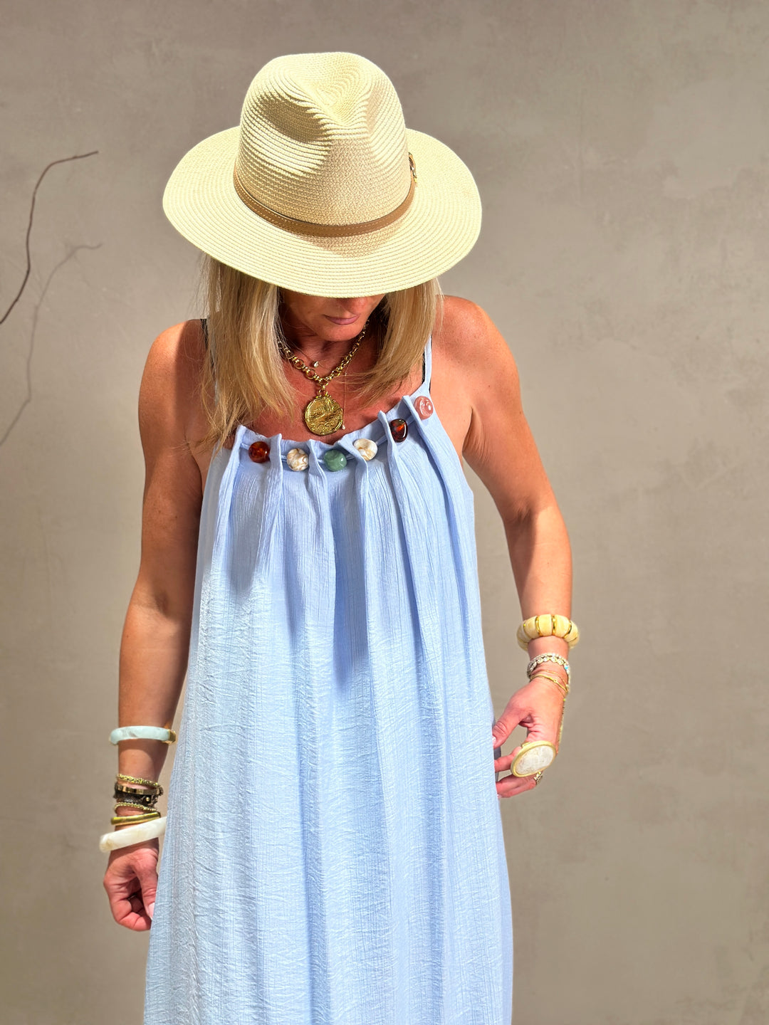 Robe longue col perles k6-08 Bleu