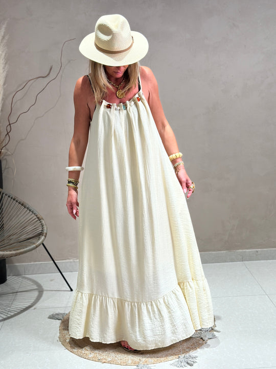 Robe longue col perles k6-08 Vanille beige