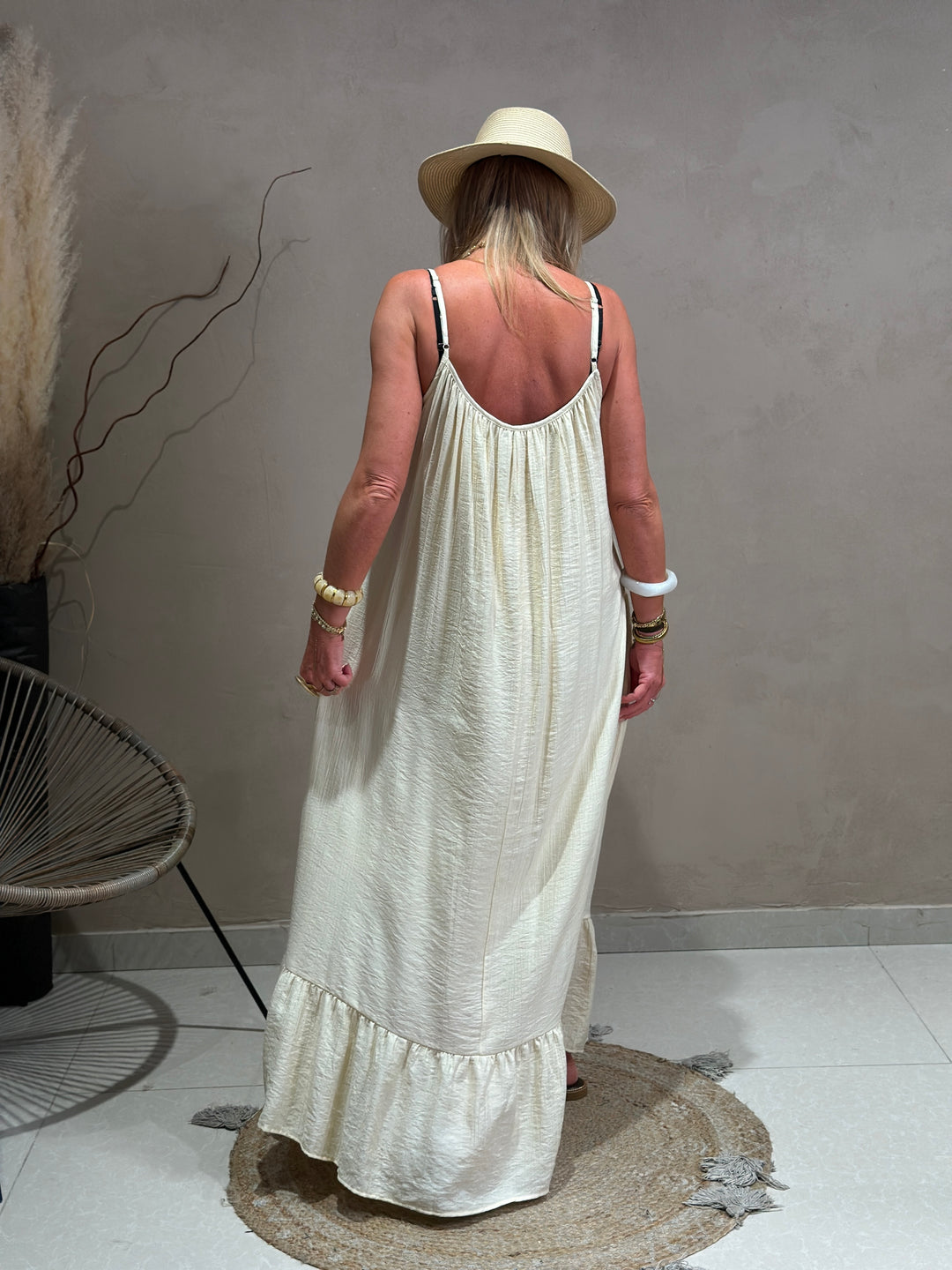 Robe longue col perles k6-08 Vanille beige
