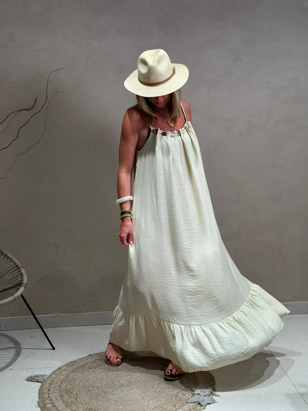 Robe longue col perles k6-08 Vanille beige