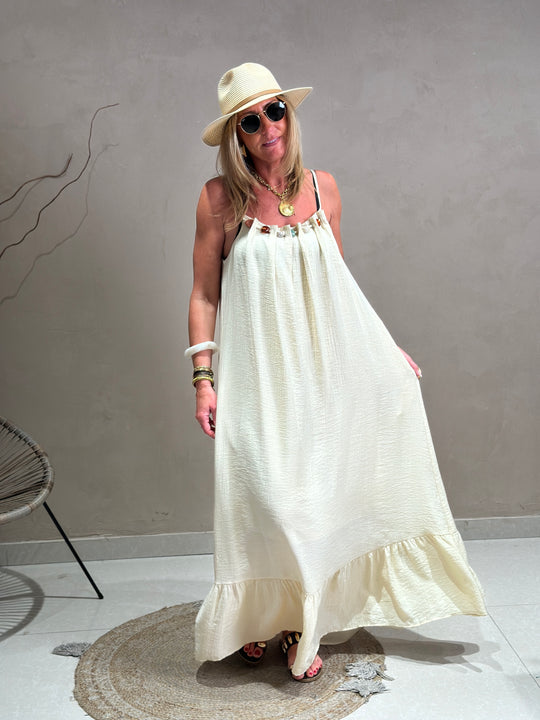 Robe longue col perles k6-08 Vanille beige