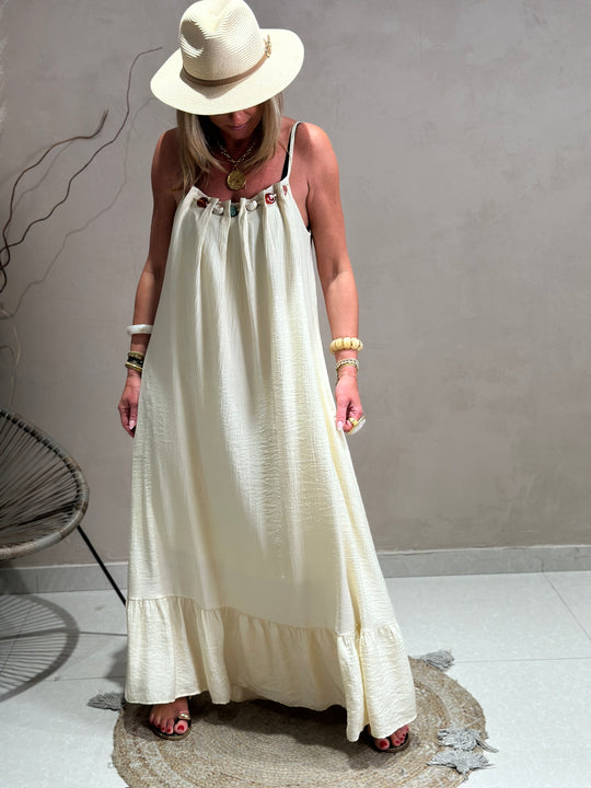 Robe longue col perles k6-08 Vanille beige