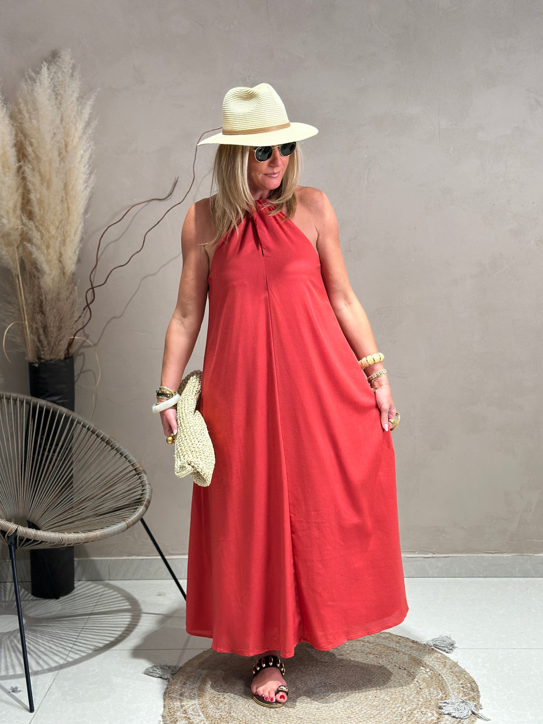 Robe Lin col perlé Corail 9515 (grande taille)