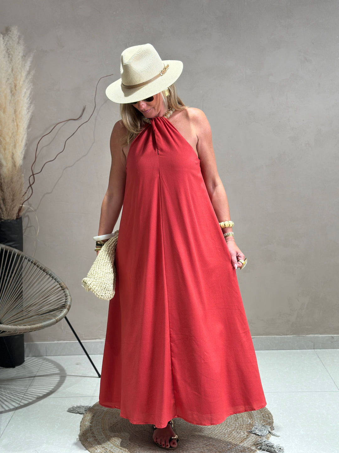 Robe Lin col perlé Corail 9515 (grande taille)