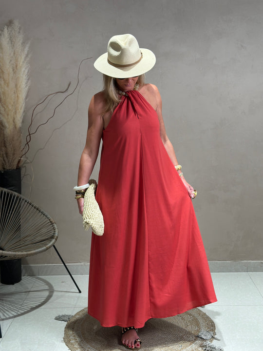 Robe Lin col perlé Corail 9515 (grande taille)