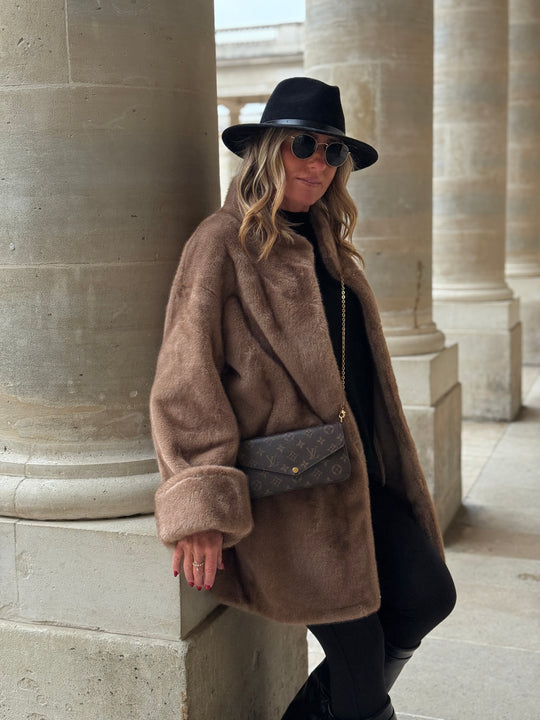 Manteau camel fourrure mi-long F087