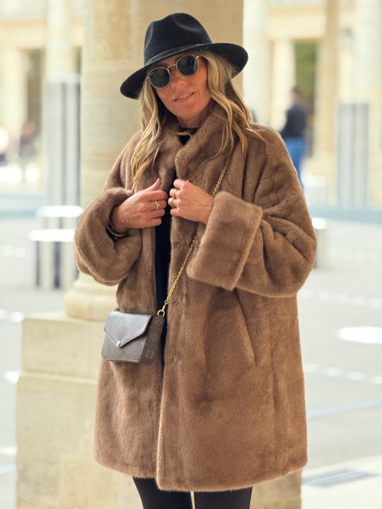Manteau camel fourrure mi-long F087