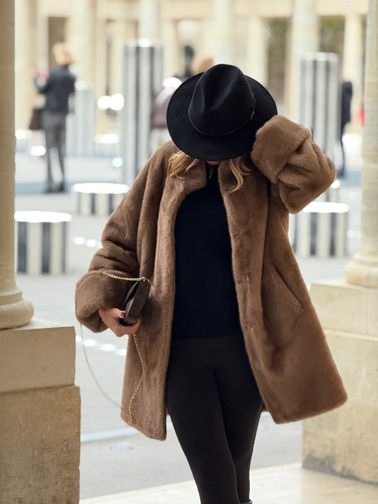 Manteau camel fourrure mi-long F087