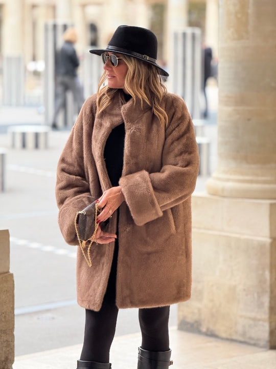 Manteau camel fourrure mi-long F087