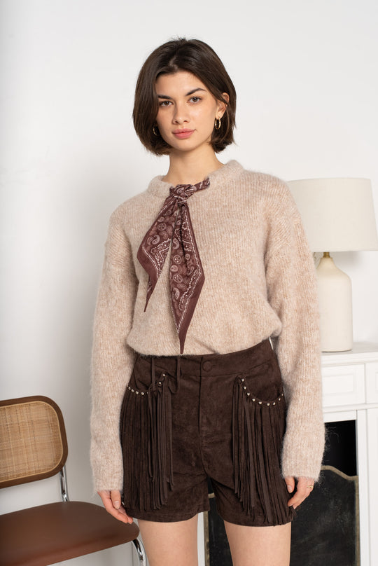 Pull taupe avec foulard YP1923