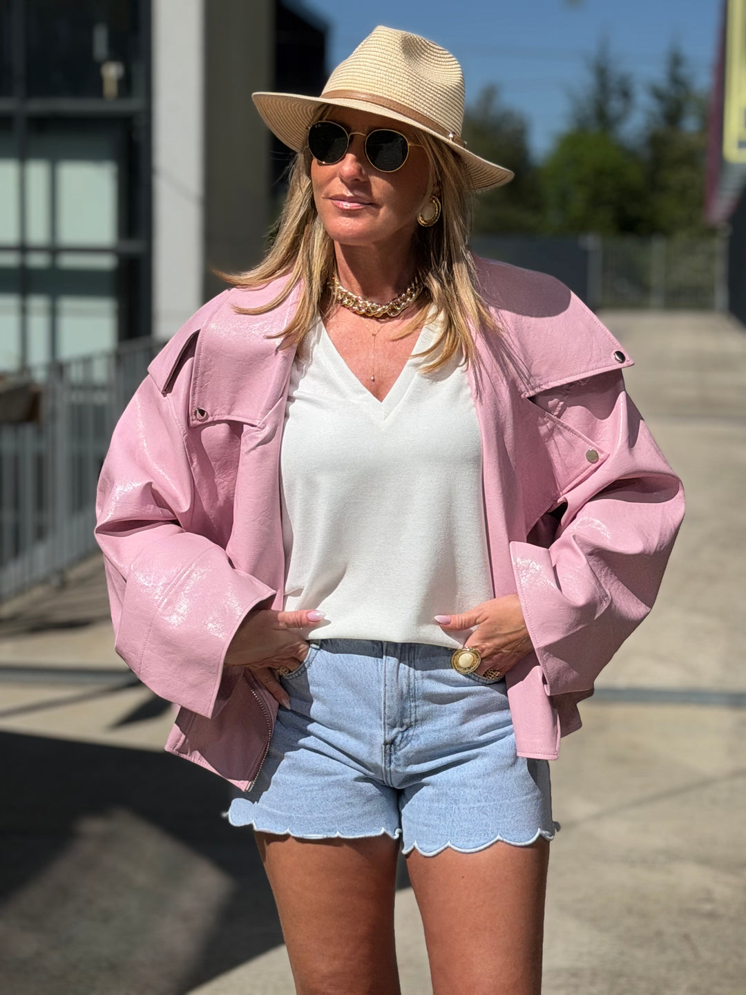 VESTE Maxi similicuir Rose 8020