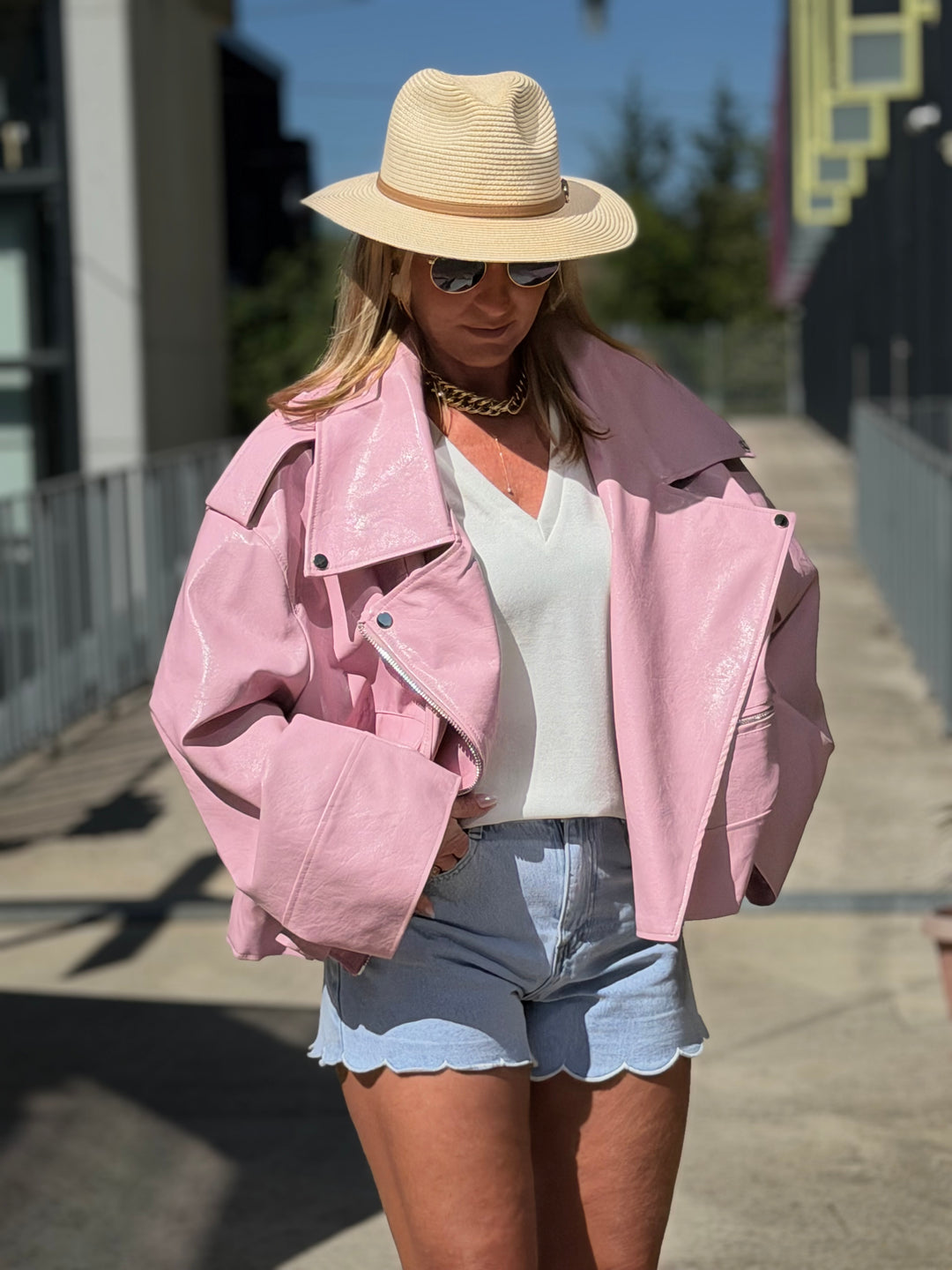 VESTE Maxi similicuir Rose 8020