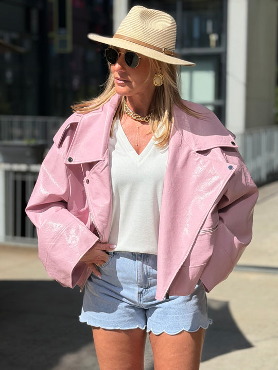 VESTE Maxi similicuir Rose 8020