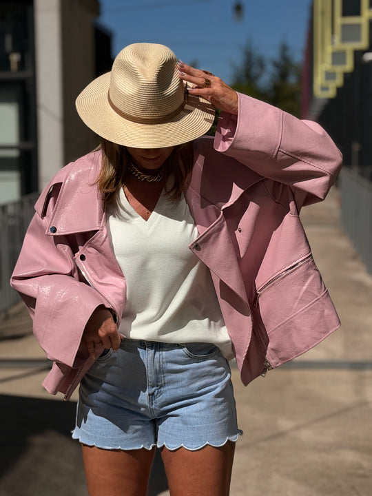 VESTE Maxi similicuir Rose 8020