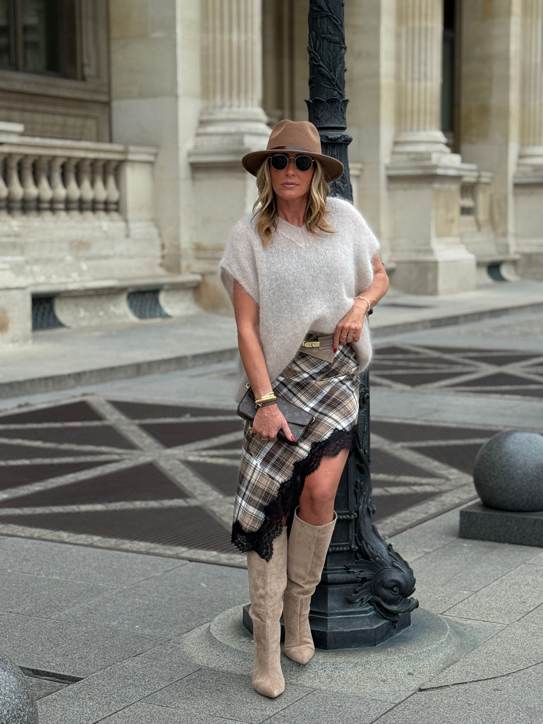 Jupe carreaux asymétrique dentelle Beige/camel (precommande 5J）