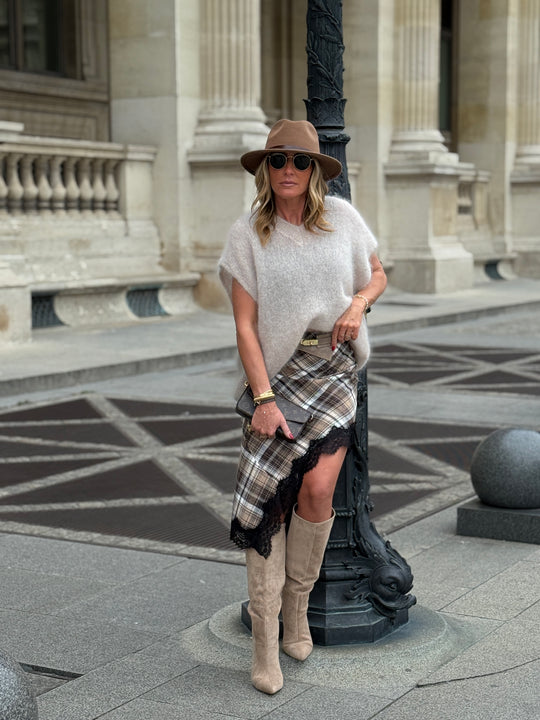 Jupe carreaux asymétrique dentelle Beige/camel (precommande 5J）
