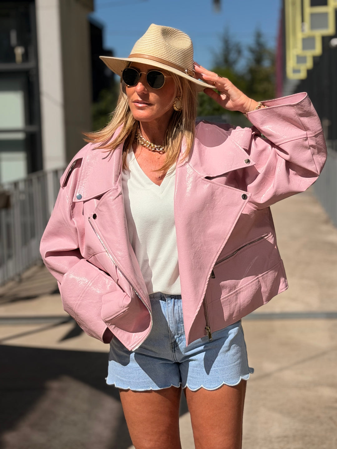 VESTE Maxi similicuir Rose 8020