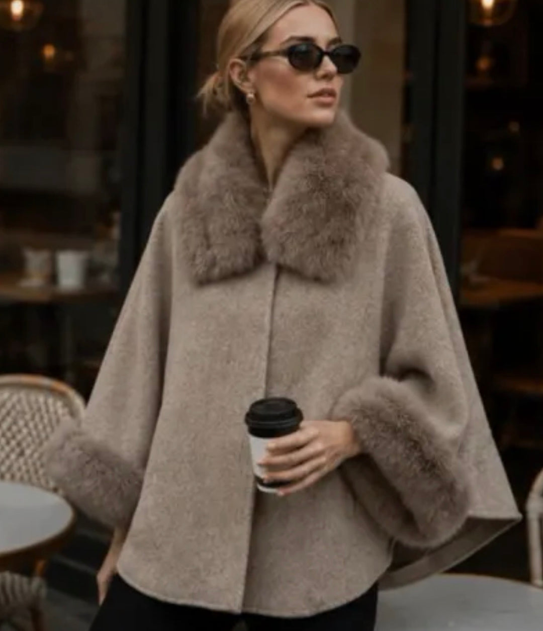Manteau laine aux fourrures Taupe 62006