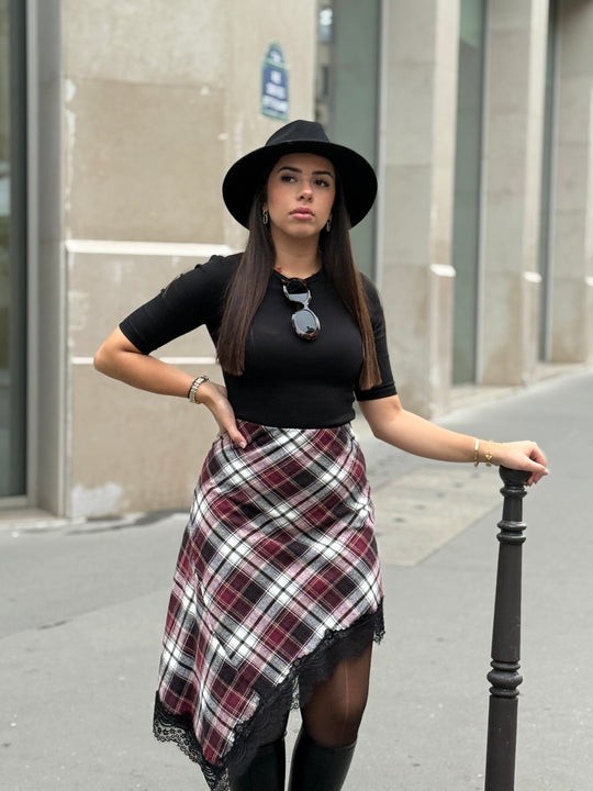 Jupe carreaux asymétrique dentelle Bordeaux/noir (precommande 5J）