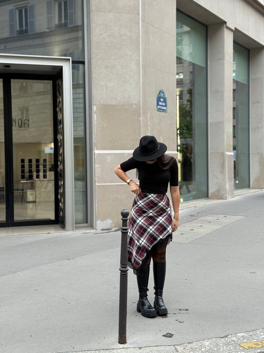 Jupe carreaux asymétrique dentelle Bordeaux/noir (precommande 5J）