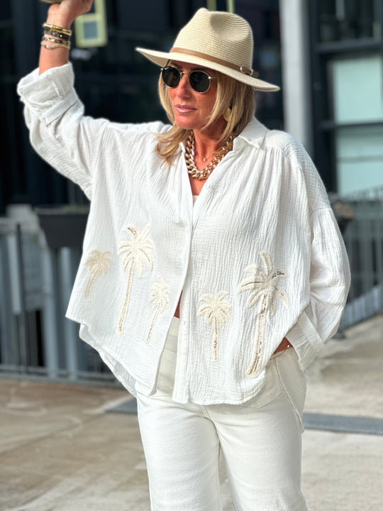 Chemise palmiers gaz de coton écru /M697