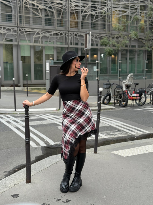 Jupe carreaux asymétrique dentelle Bordeaux/noir (precommande 5J）