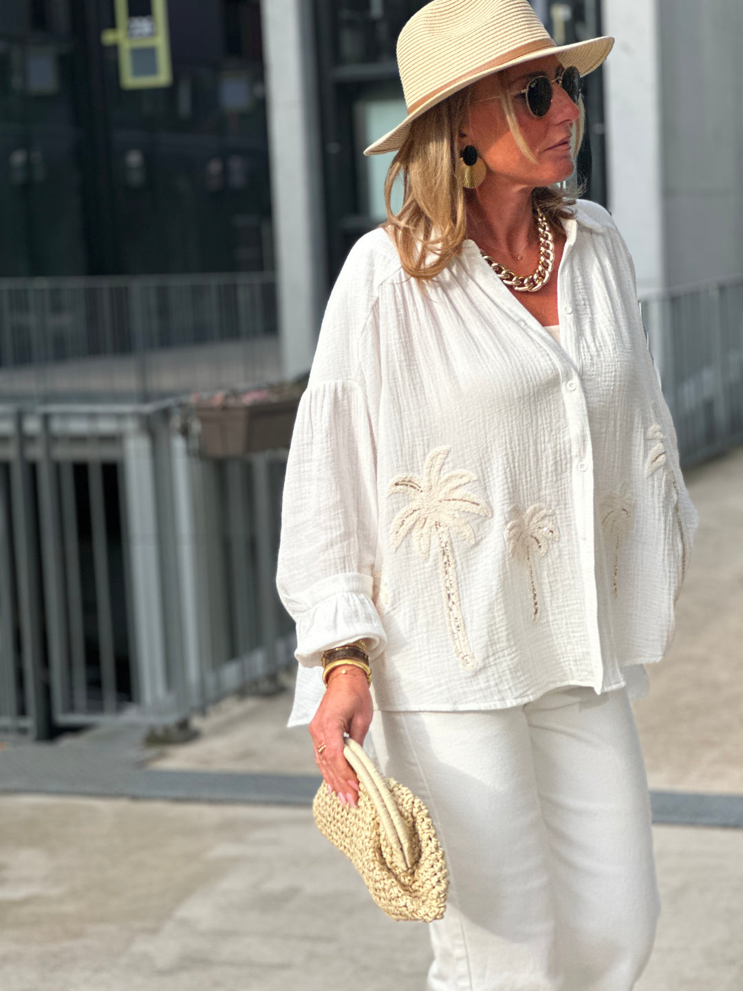 Chemise palmiers gaz de coton écru /M697