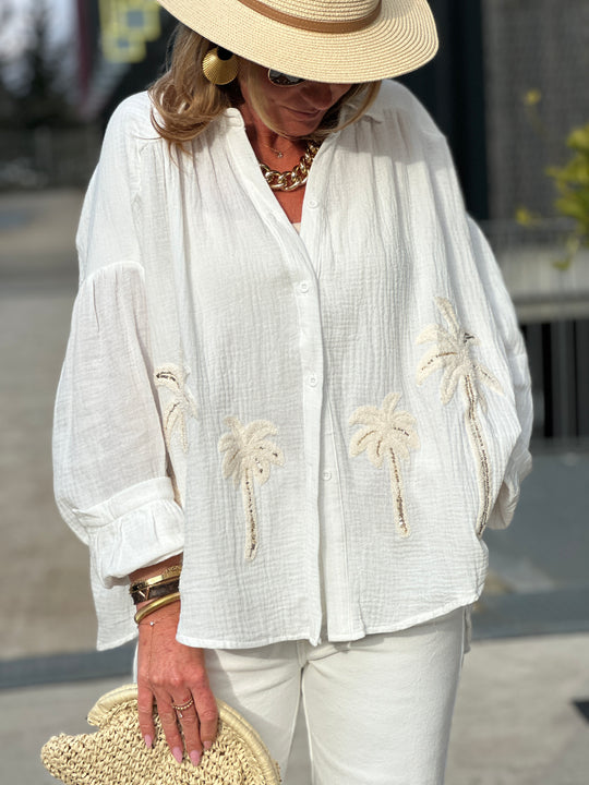 Chemise palmiers gaz de coton écru /M697