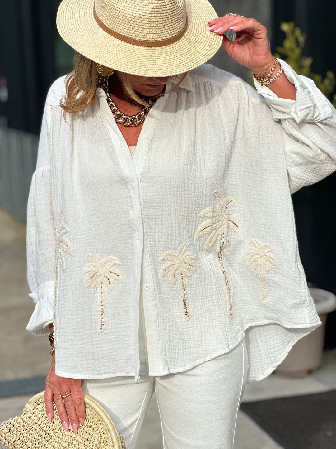 Chemise palmiers gaz de coton écru /M697