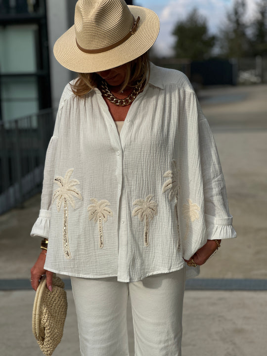 Chemise palmiers gaz de coton écru /M697