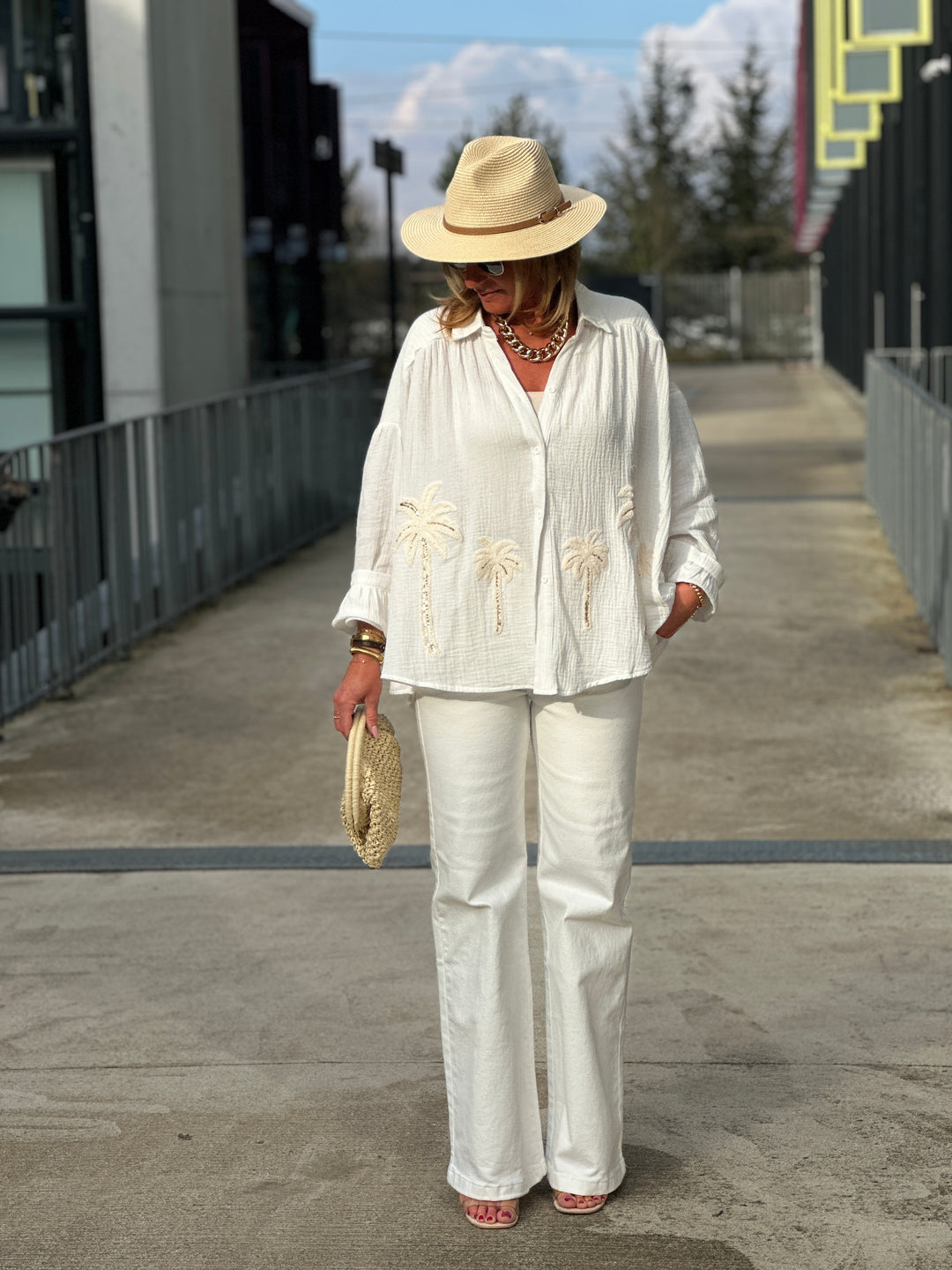 Chemise palmiers gaz de coton écru /M697