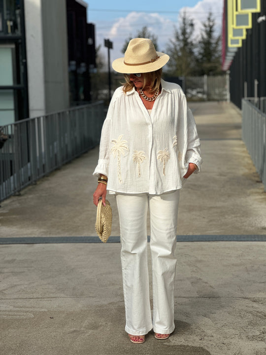 Chemise palmiers gaz de coton écru /M697