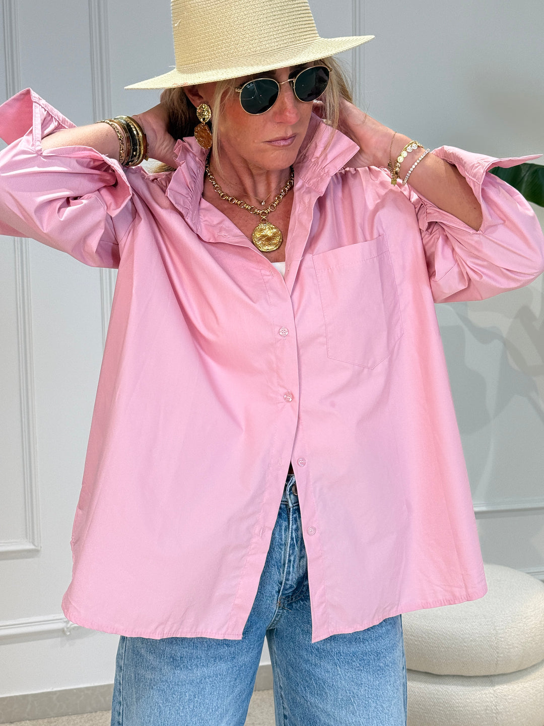 Chemise coton uni col volant 15077