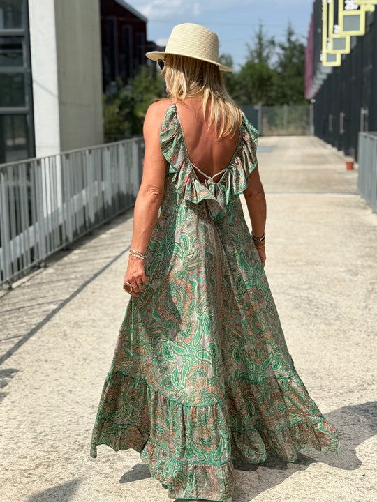 Robe imprimée dos volant vieux Vert 1572-19