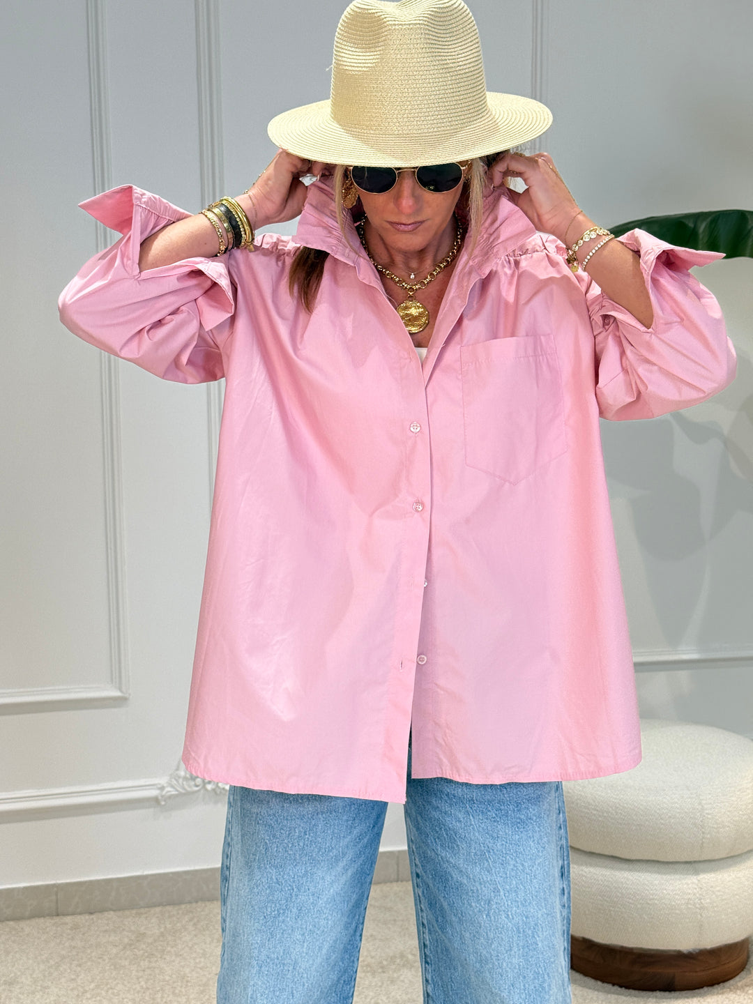 Chemise coton uni col volant 15077