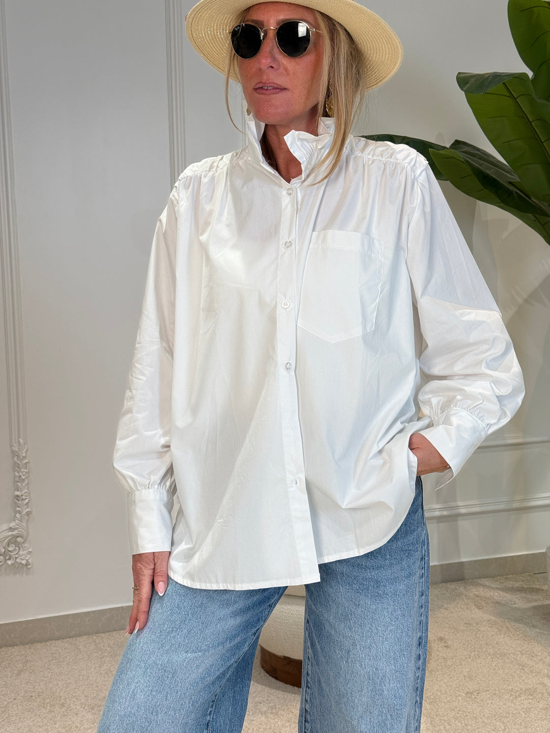 Chemise coton uni col volant 15077