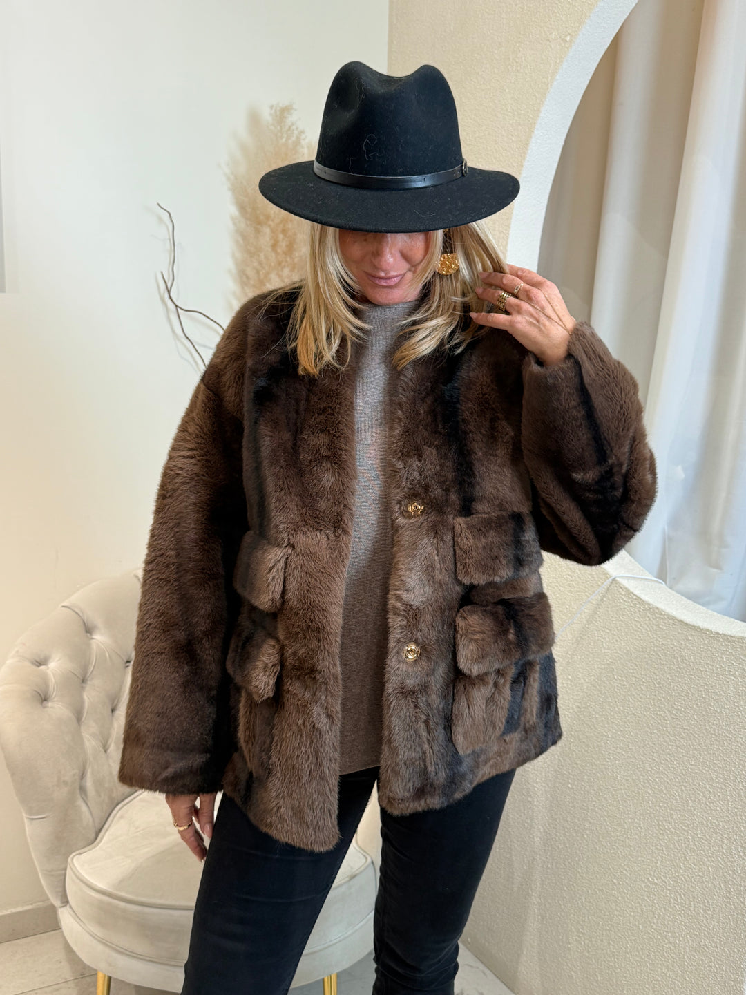 Veste fourrures poches choco 202217