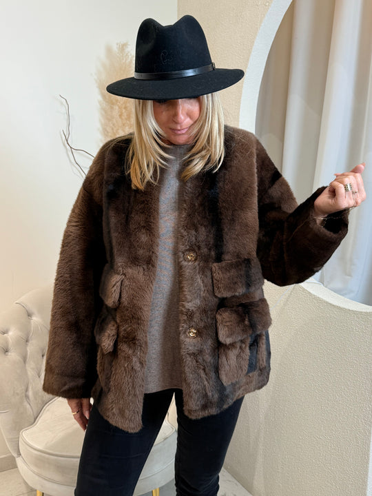 Veste fourrures poches choco 202217