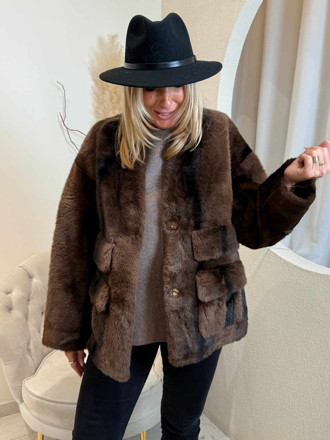 Veste fourrures poches choco 202217