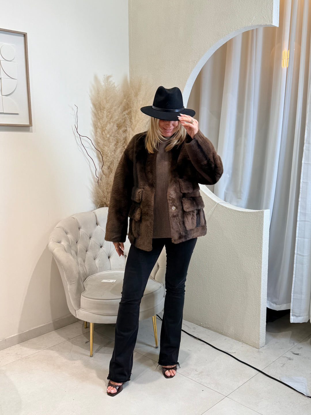 Veste fourrures poches choco 202217