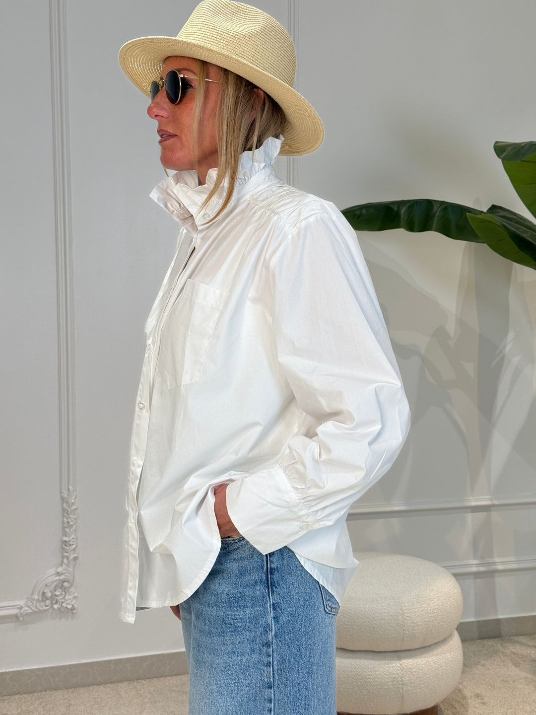 Chemise coton uni col volant 15077