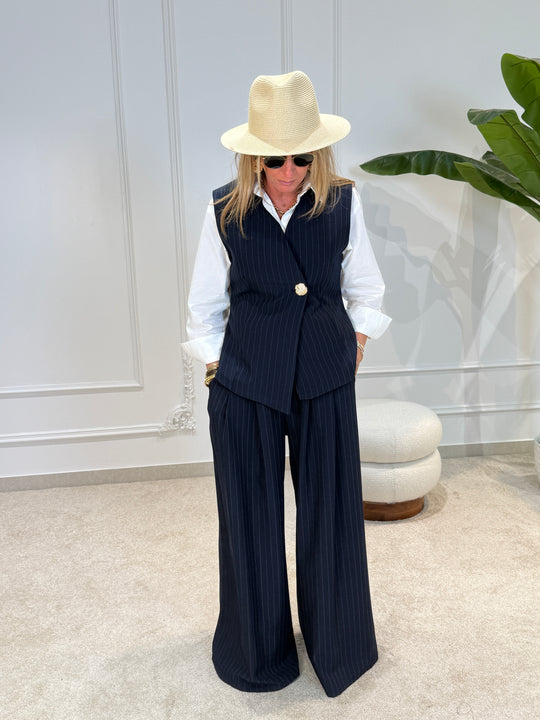 Pantalon palazzo rayure bleu marine