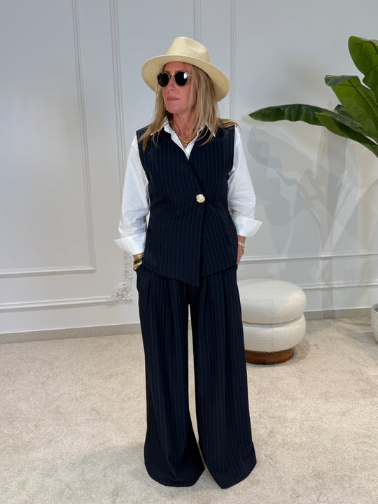 Pantalon palazzo rayure bleu marine