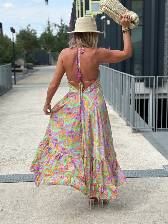 Robe imprimée dos nu Vert/Lila 165-s13