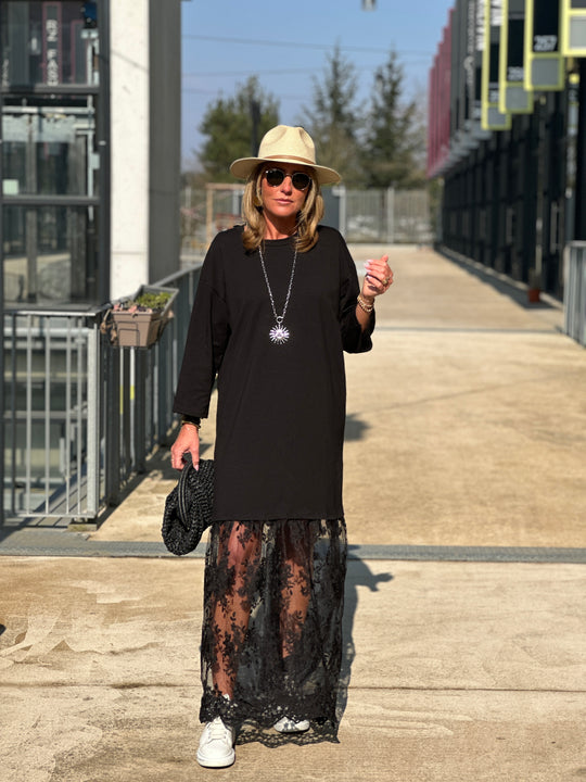 Robe t-shirt jupant dentelle Noir
